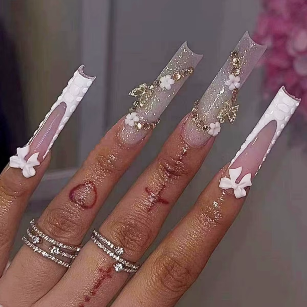 24 pièces longue tête carrée couverture complète ongles conseils blanc français faux ongles 3D ceris