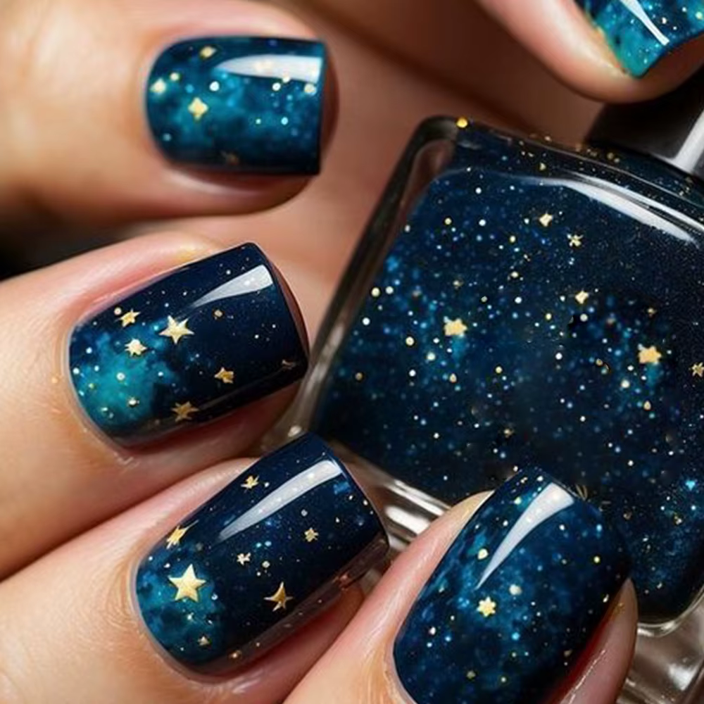 24 pièces mode faux ongles presse sur tête carrée courte faux ongles Art noir étoilé ciel conception