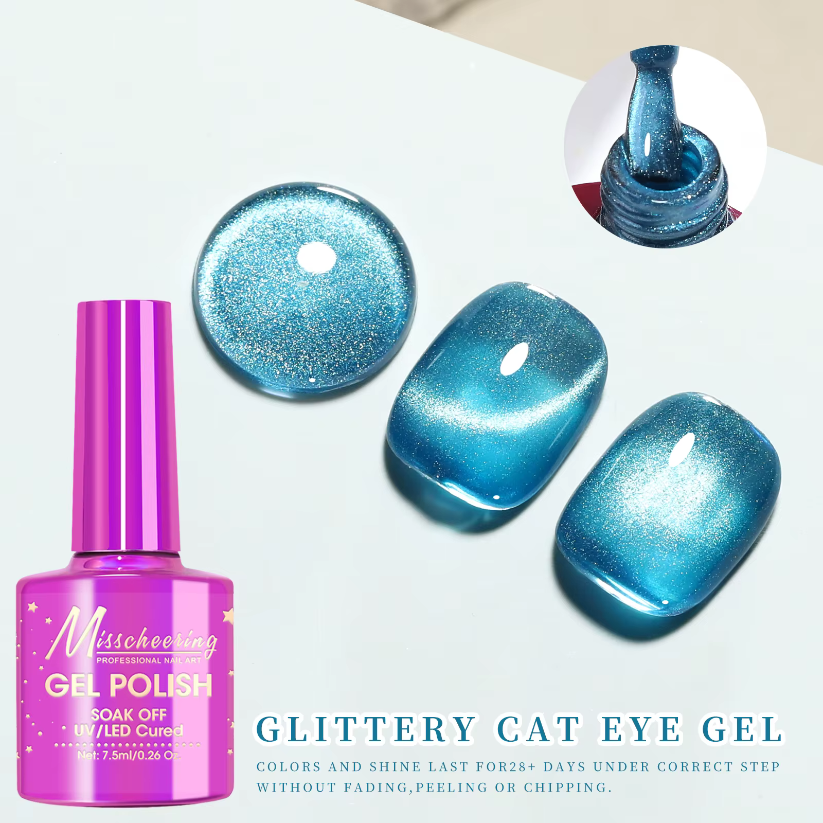 Vernis à ongles gel magnétique œil de chat bleu pailleté 7,5 ml, brillant, longue tenue, effet UV LE