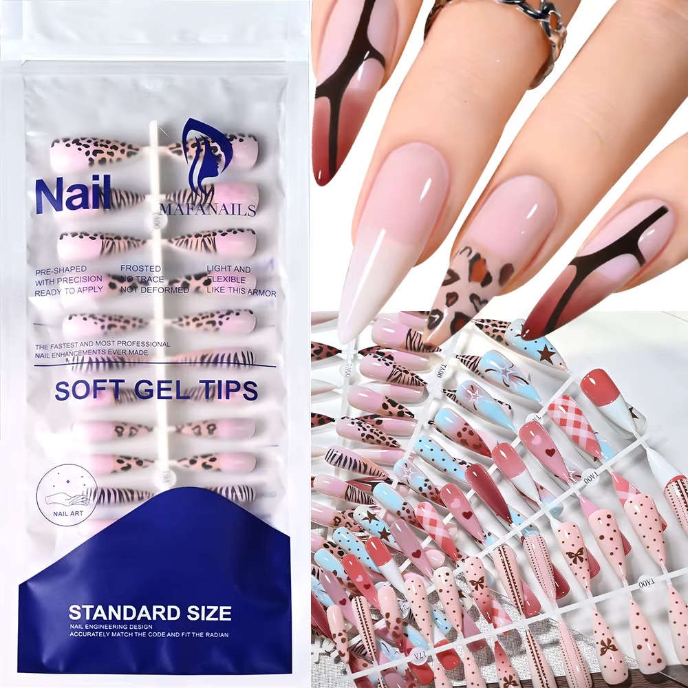 120 faux ongles longs en gel souple à presser, imprimé léopard pré-dessiné, motifs variés, style Y2K