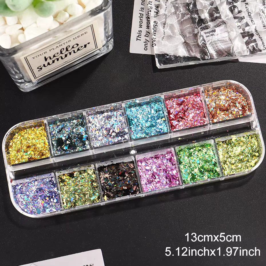 12 grilles holographiques paillettes Nail Art paillettes scintillantes irrégulières flocons d'ongles