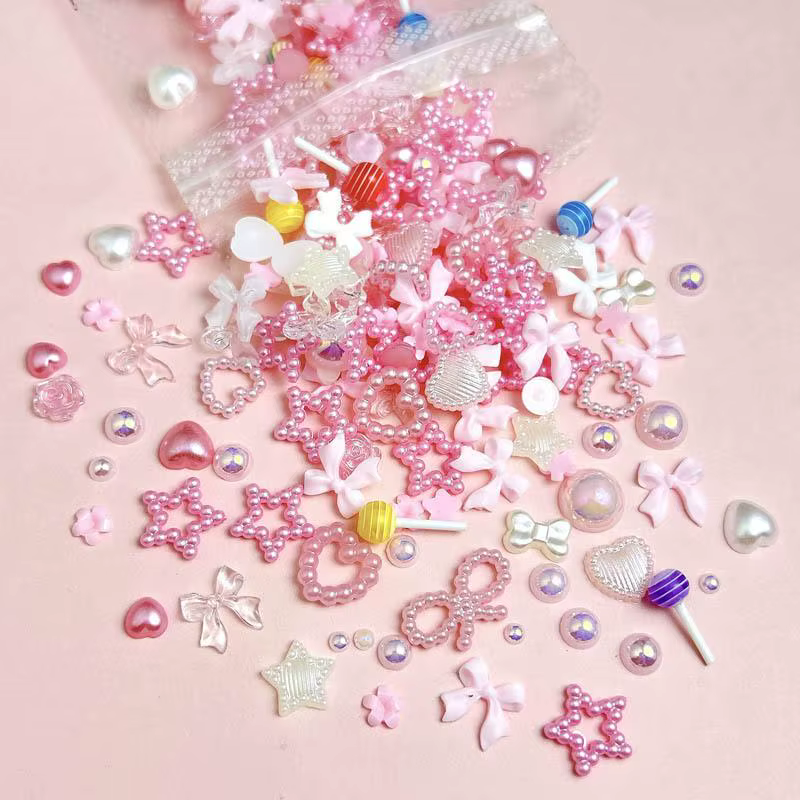 Breloques mignonnes mélangées au hasard pour ongles, nœud, fleur, étoile, coeur, perle creuse douce,