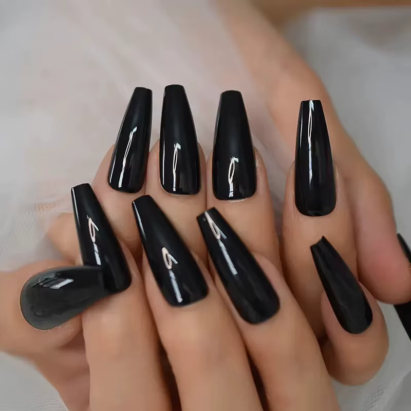 120 pièces cercueil Long noir ongles à pression couverture complète Ballet forme carrée faux ongles