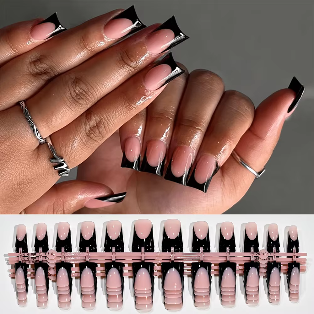 120 pièces de faux ongles noirs en forme de bec de canard, brillants, rose nude, à presser, courts, 