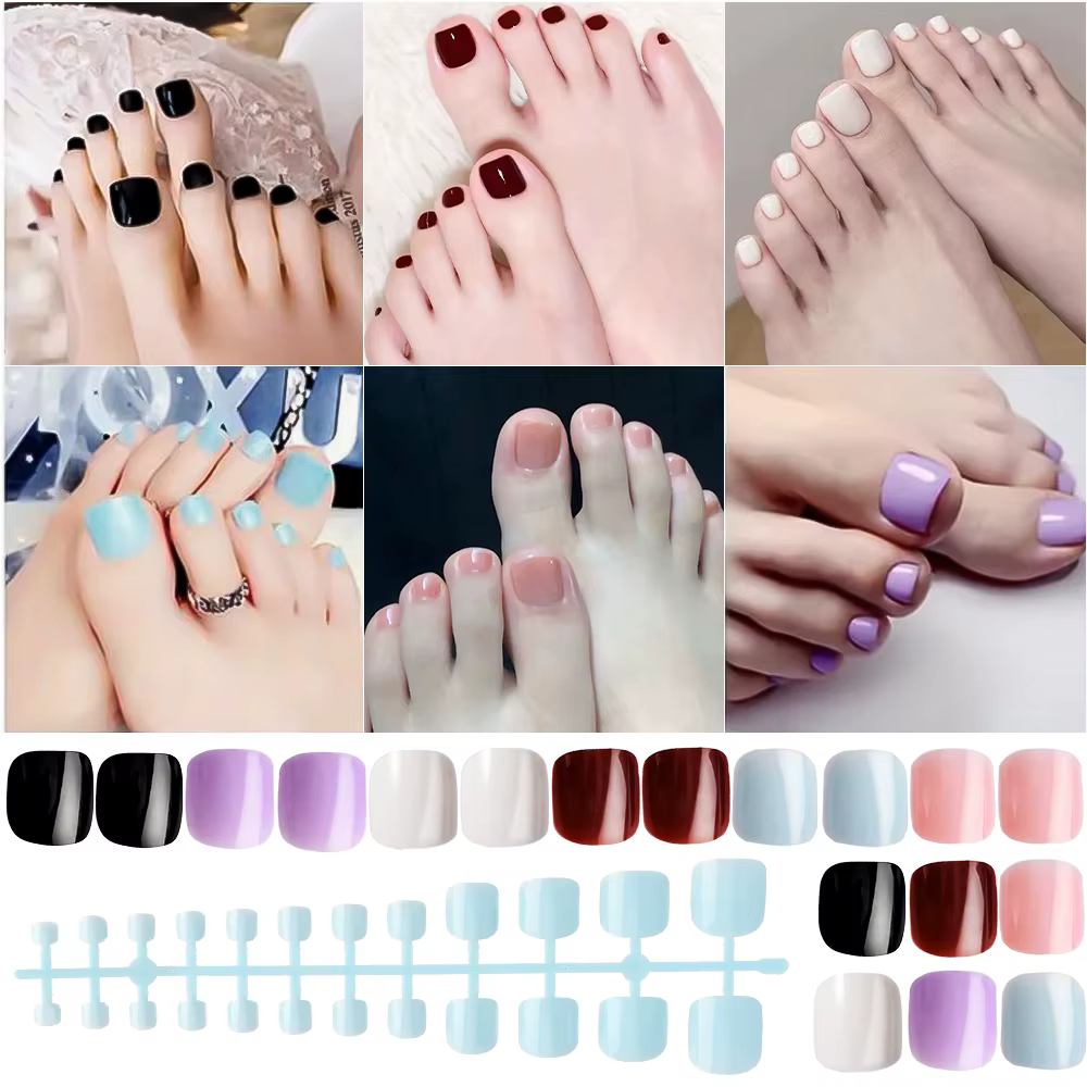 144 pièces couleur mixte court carré faux ongles vin rouge, noir, blanc, rose, bleu presse sur les o