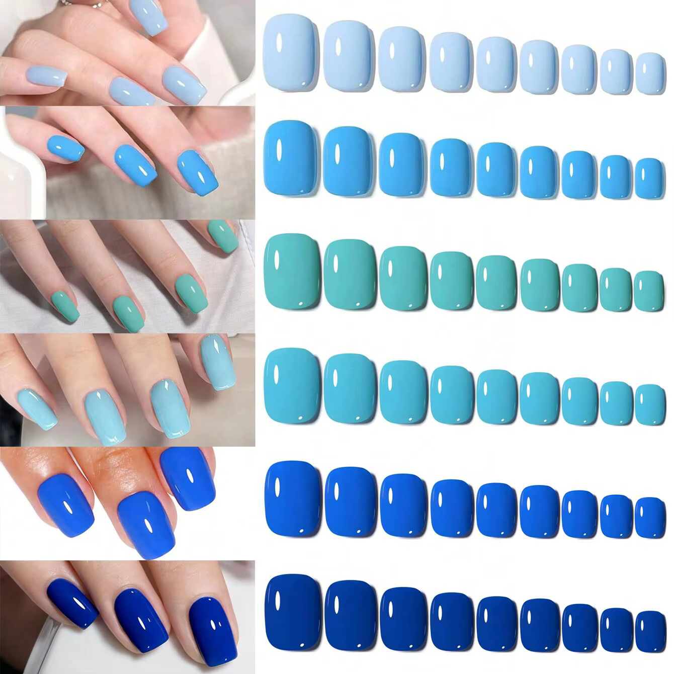 144 pièces-ensemble d'art d'ongle de faux ongles de la série bleue carrée courte-ensemble d'ongle de