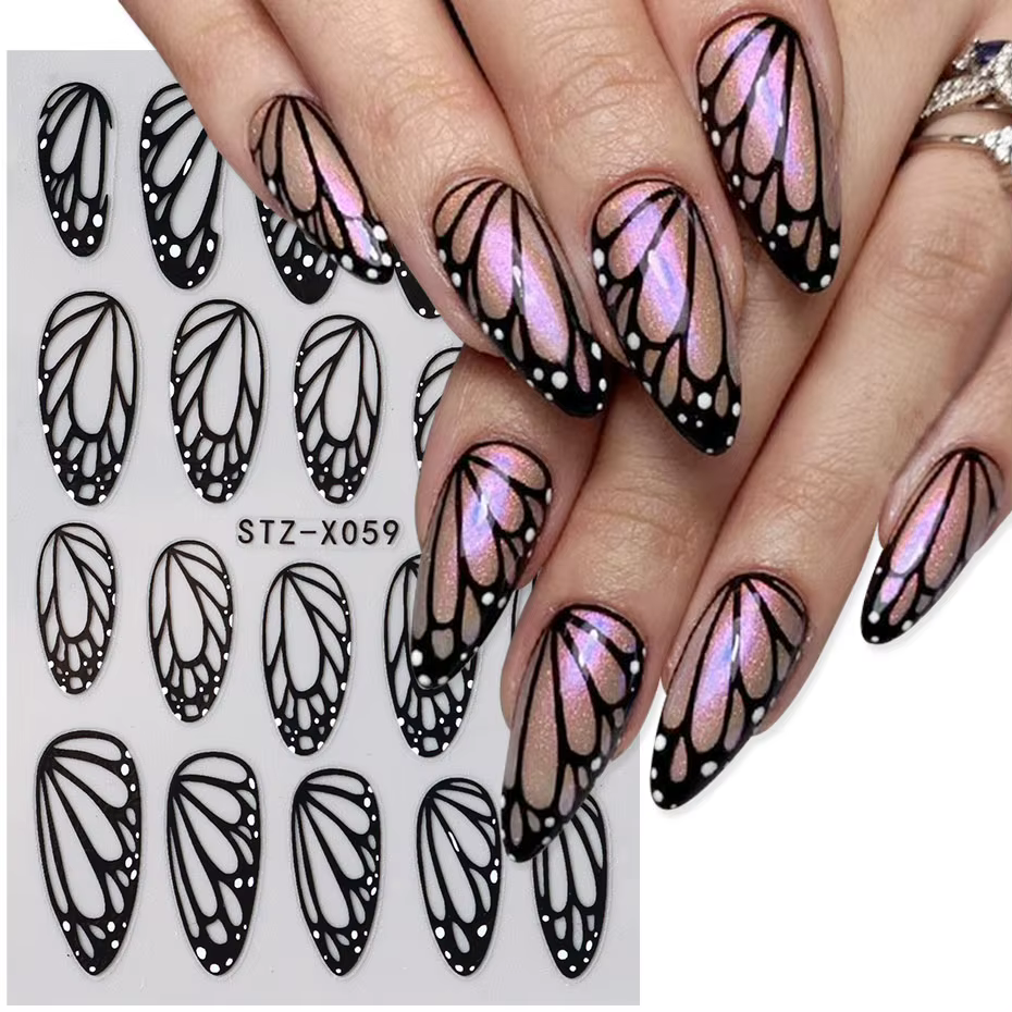Autocollants pour ongles ailes de papillon noires, 2 pièces, modèles élégants pour ongles de printem