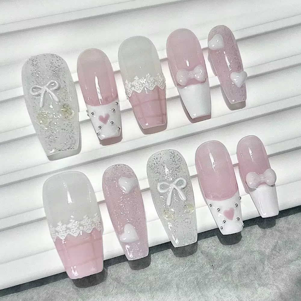 Arc Rose Amour Dentelle Français Nail Art Rose Blanc Mignon Cerise Fait à la main Faux Ongles Long F