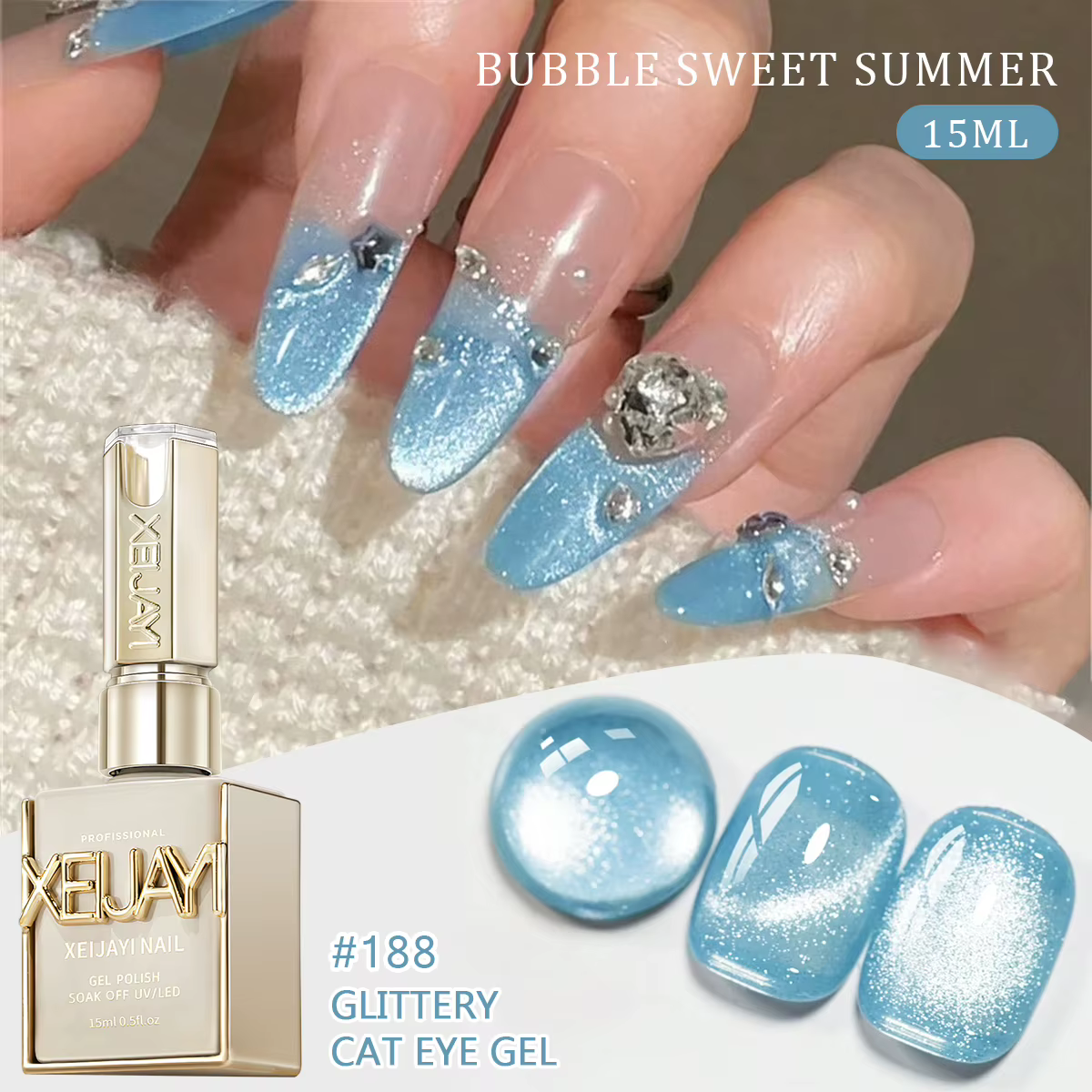 1pc Vernis à ongles gel effet œil de chat bulle douceur estivale, nouveau style bleu rose, idéal pou