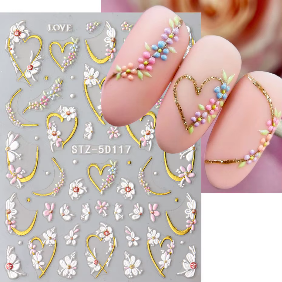 5D en relief Kawaii Floral or ligne curseurs printemps fleurs blanches ongles autocollants bricolage