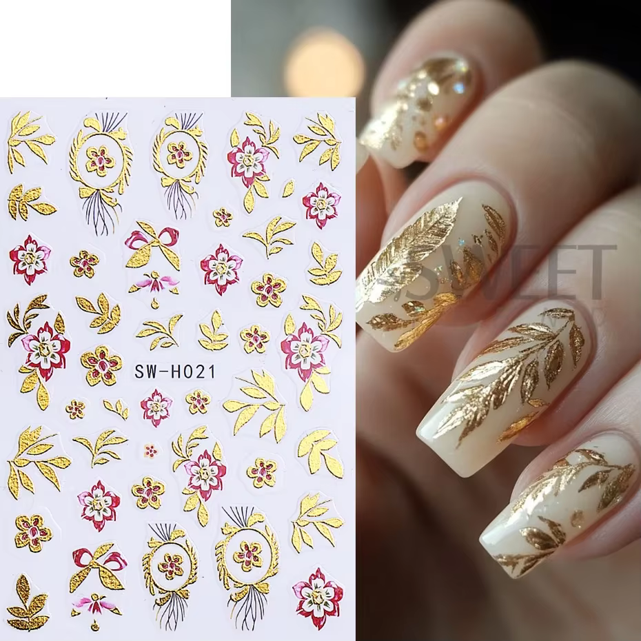 Autocollants pour ongles en forme de fleur, ligne dorée métallique, pétales de bordure bronzants 3D,