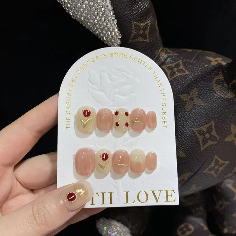 10 faux ongles français faits main, prêts à coller, pour filles, motif floral rose, auto-adhésifs, e