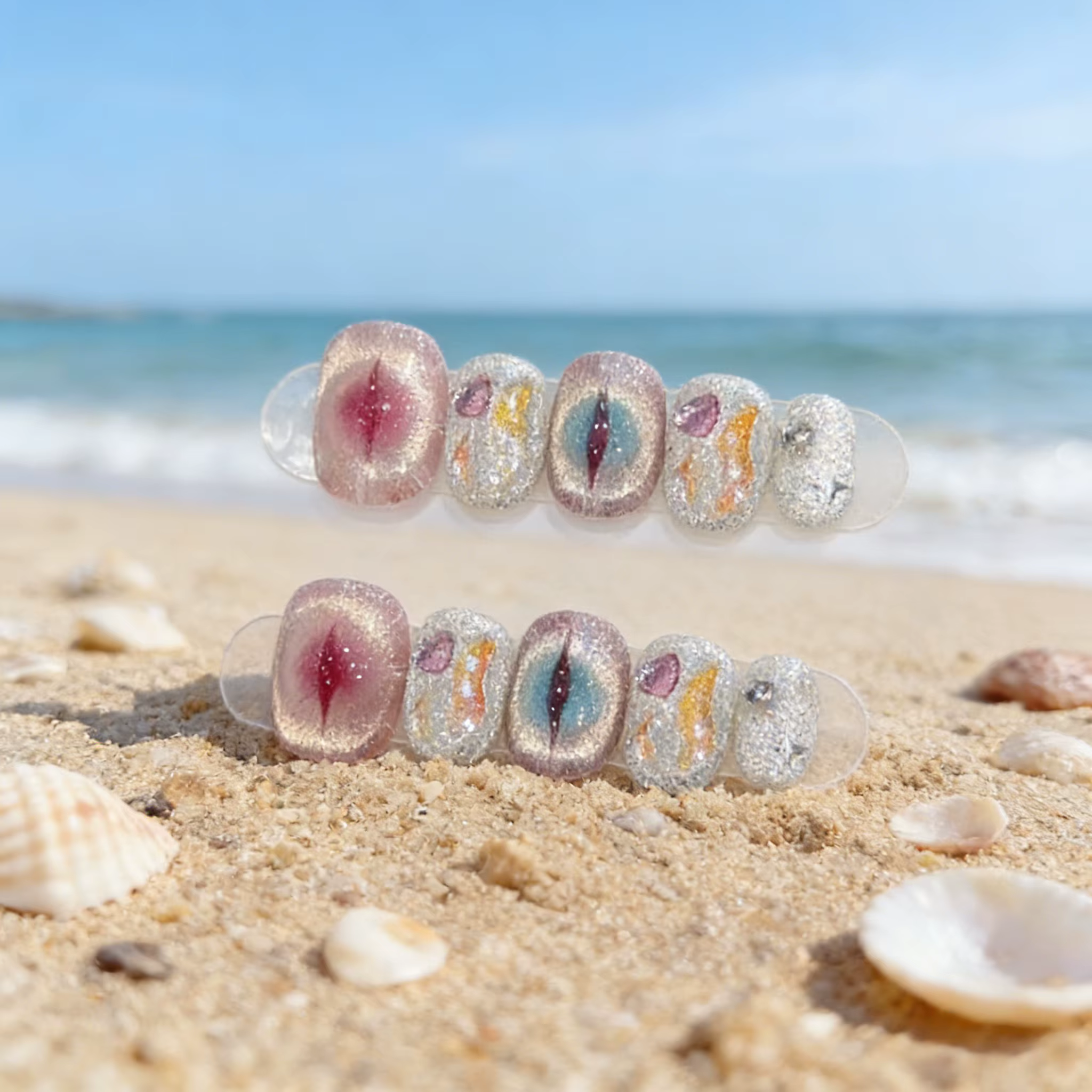 10 faux ongles courts ovales à couverture complète, faits main, avec yeux de fée et cœurs roses mign