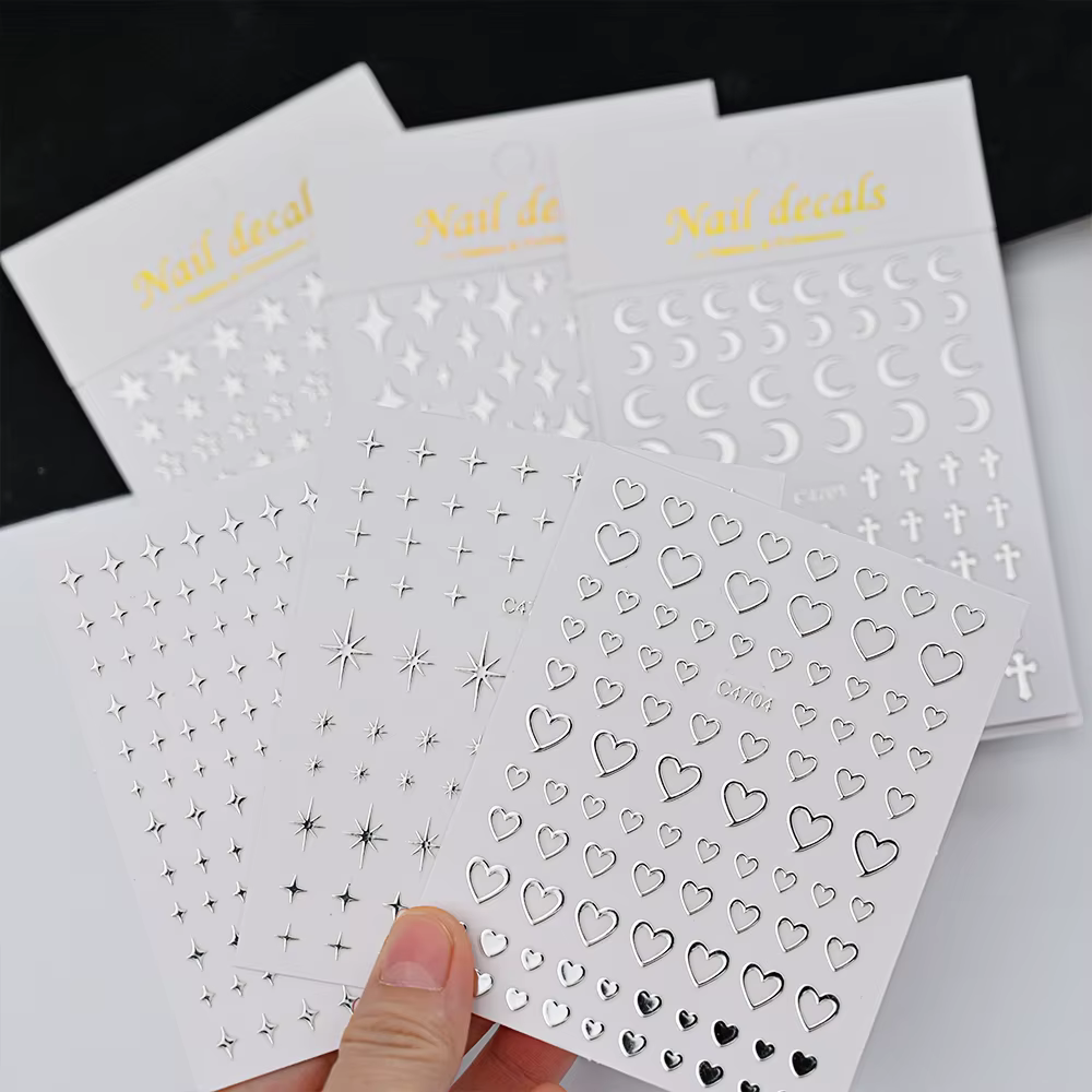 Autocollants pour ongles en métal argenté, 6 feuilles, étoiles métalliques 3D, autocollants pour Nai