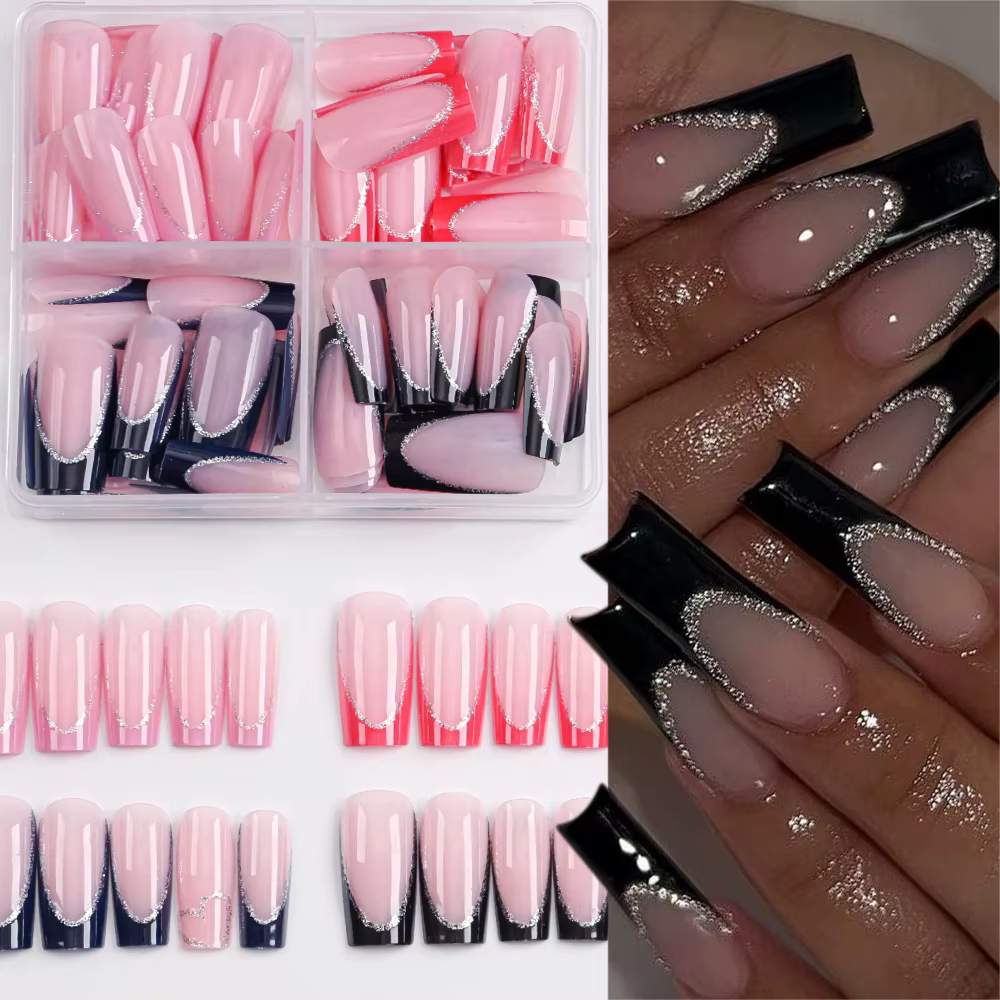 96 pièces/boîte français avec paillettes argentées faux ongles bleu/rouge couverture complète longue