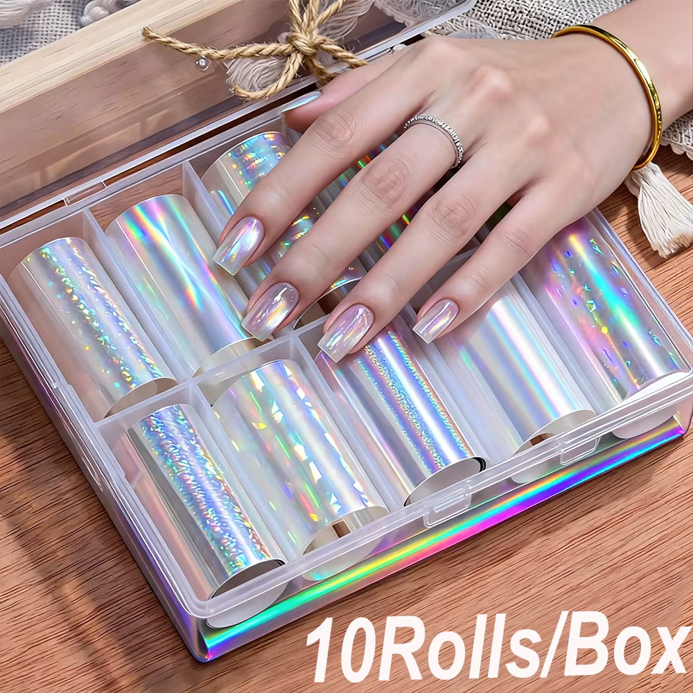 1 boîtes/10 rouleaux Aurora feuille d'ongle clair Laser verre Fragment ongles transfert autocollants