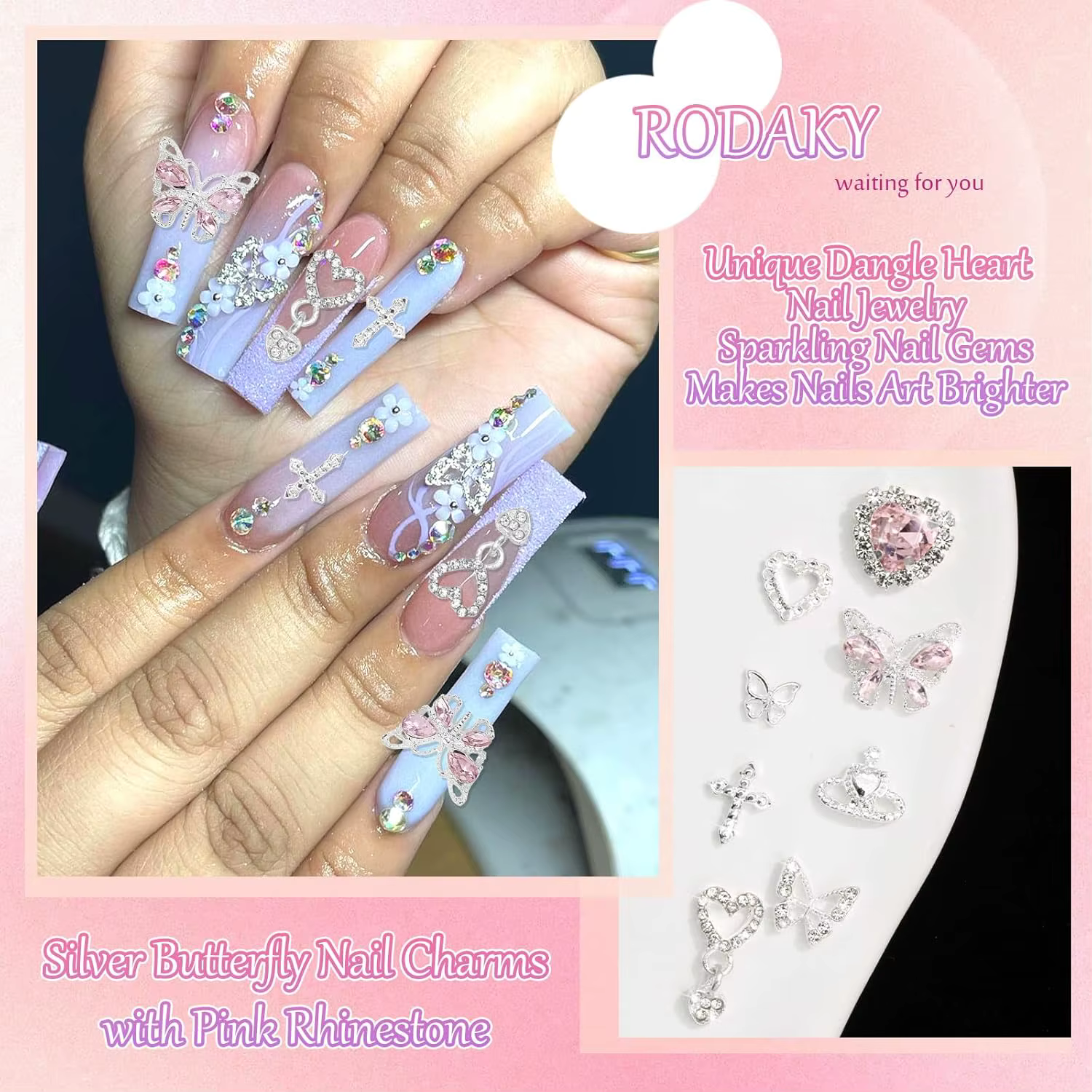 47 pièces 3D papillon ongles breloques argent croix Nail Art breloques balancent coeur breloques pou