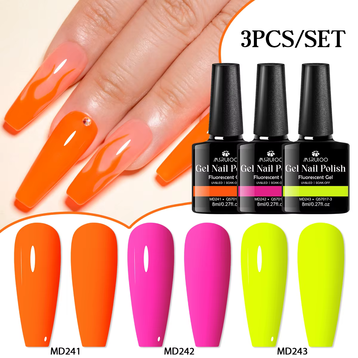 MSRUIOO 3 pièces/ensemble ensemble de vernis à ongles Gel Fluorescent néon brillant rose rouge Greer