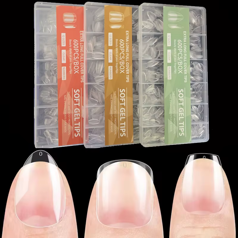 600 faux ongles en gel souple, courtes, carrées, en forme de cercueil ou d'amande, capsules X pour e