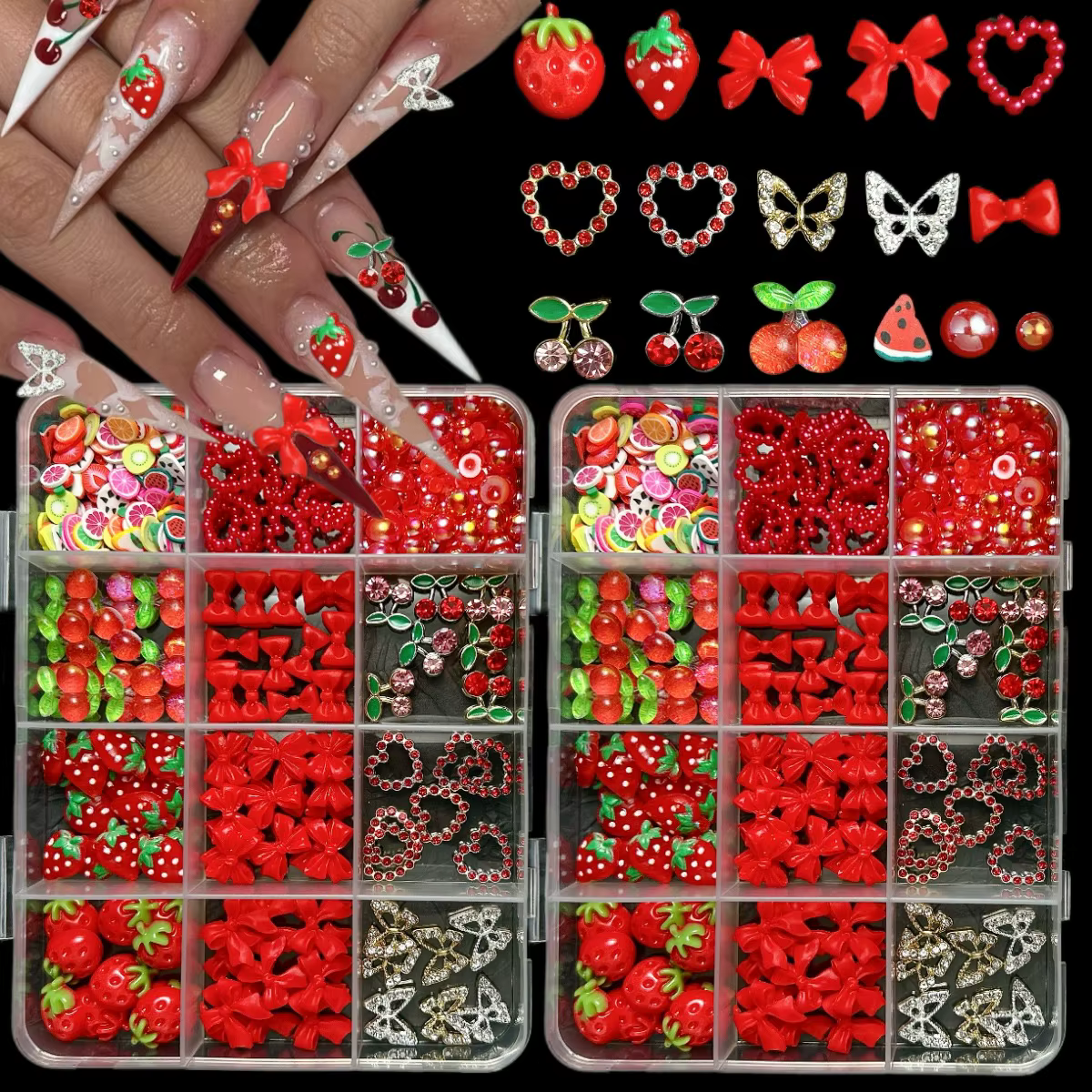 Breloques 3D cerise rouge/fraise/arc pour Nail Art, 12 grilles, alliage papillon/amour/ruban Y2K, dé