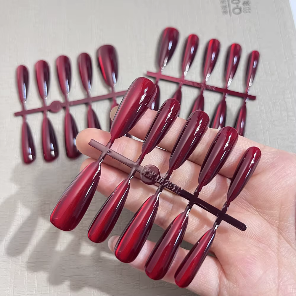 30 feuilles longues amande yeux de chat rouge faux ongles presse sur ongles couverture complète bril
