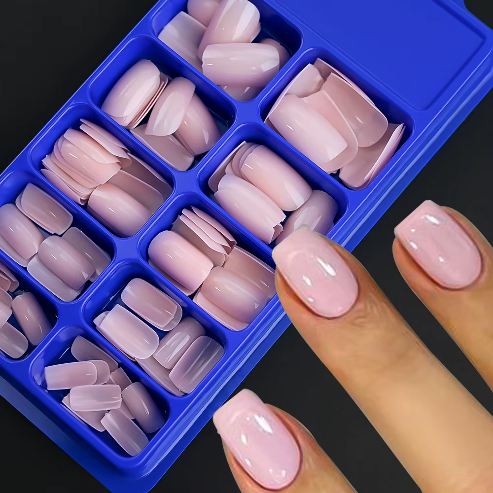 100 pièces rose clair presse sur ongles court moyen carré portable faux ongles conseils 10 tailles c