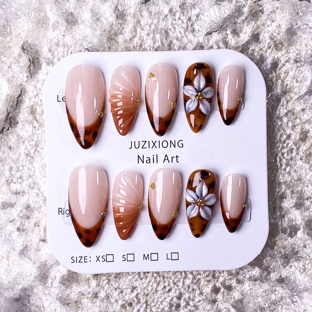 10 pièces de faux ongles artisanaux à motifs floraux dégradés marron, élégants, romantiques, minimal