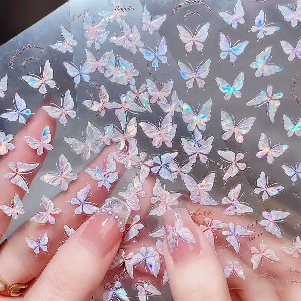 Autocollants pour ongles papillon, coquille d'aurore rose violet, Laser brillant 3D, décalcomanies p