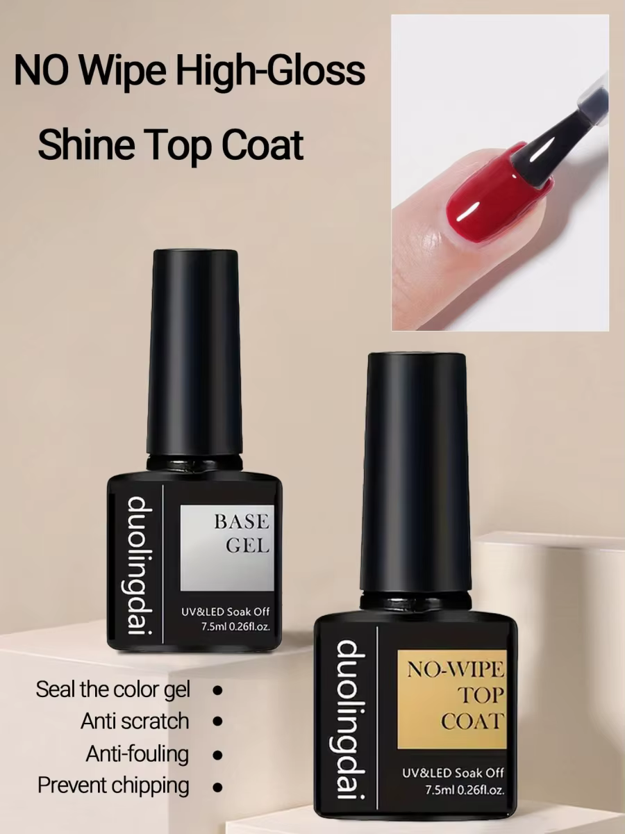 Lot de 2 vernis gel sans résidu 7,5 ml, base et top coat, finition brillante et longue tenue, pour m