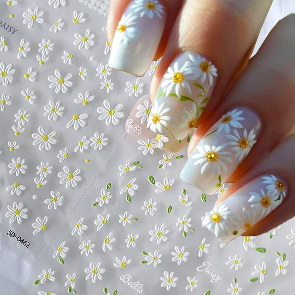 2 pièces 5D blanc marguerite Design Nail Art autocollants en relief marguerite fleur feuille verte N