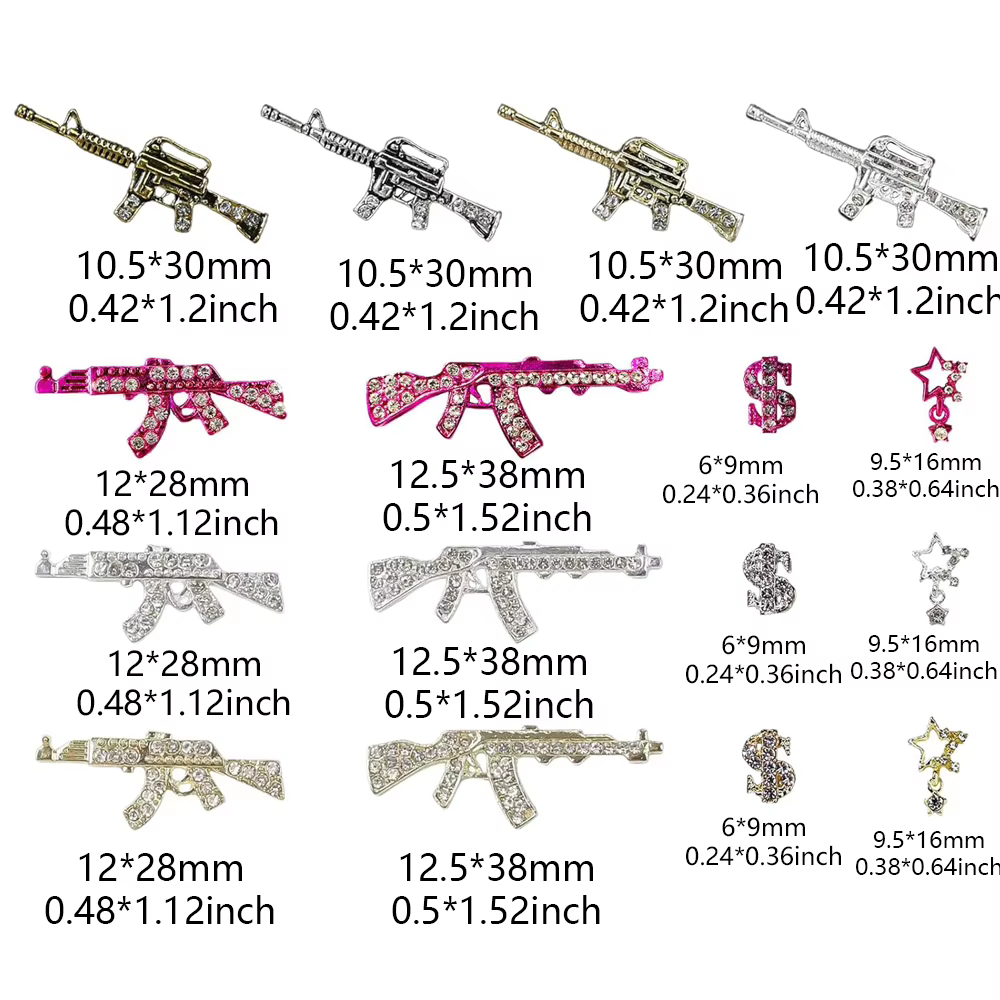 44 pièces pistolet ongles breloques Nail Art strass alliage pistolet Dollar signe étoile ongles luxe