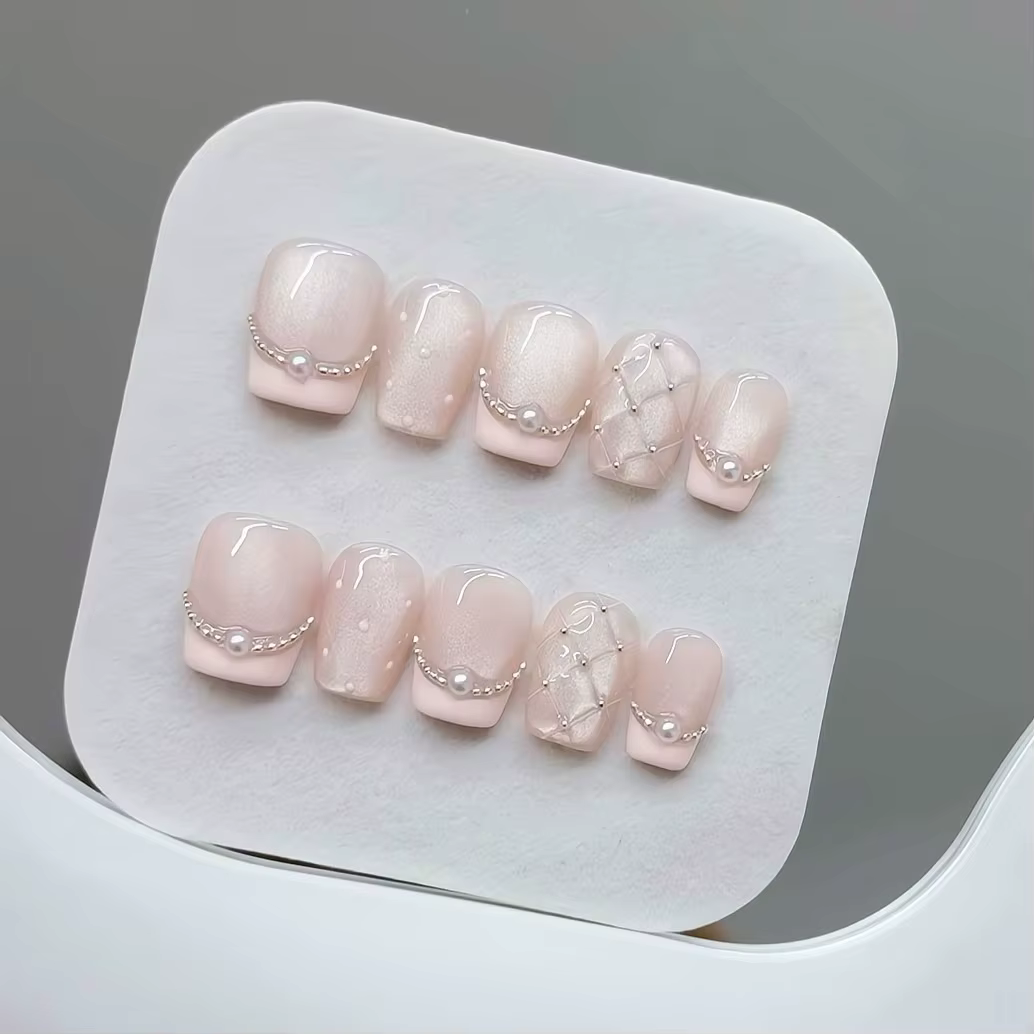 10 pièces presse à la main sur les ongles Plaid perle oeil de chat français Aurora queue de poisson