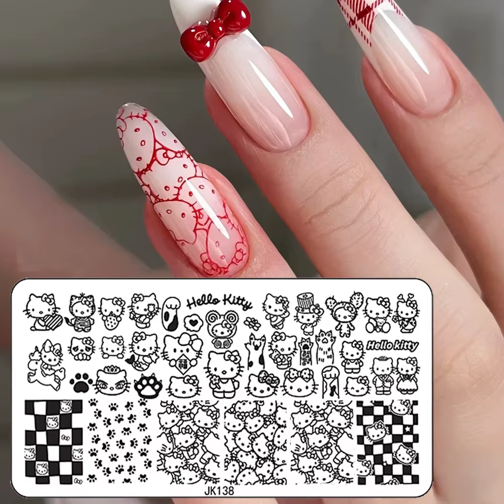 1 plaque de stamping Hello Kitty en acier inoxydable, motif points de pois, pour nail art, plaque de