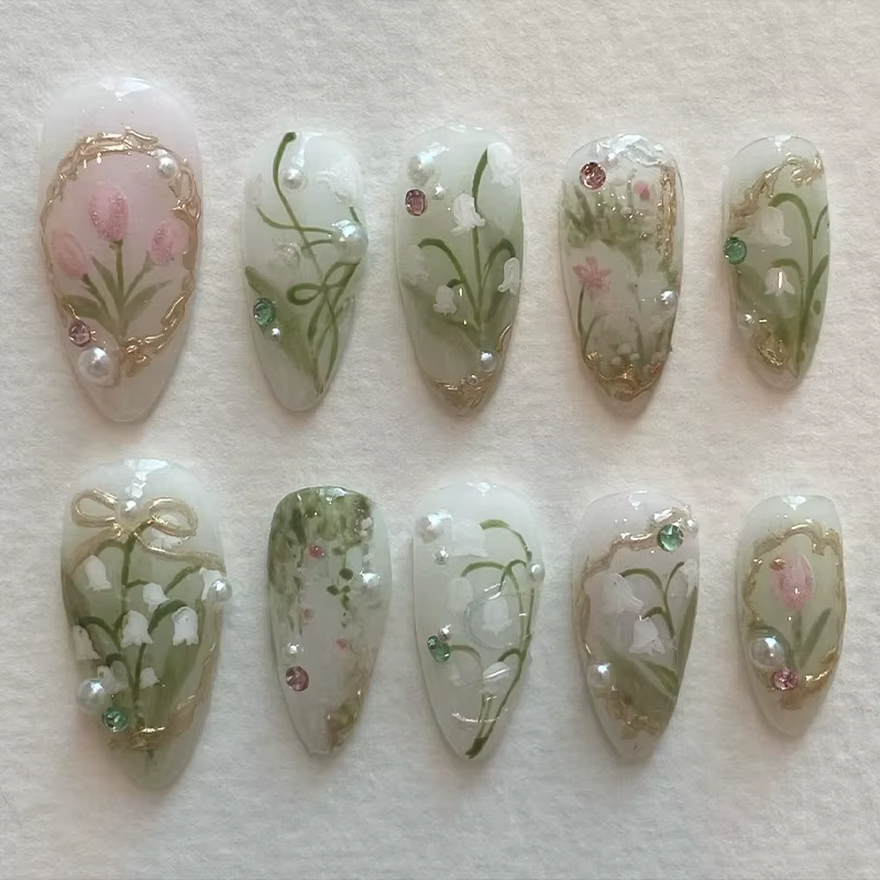 24 pièces orchidée fleur presse sur ongles vert clair amande faux ongles avec perle or arcs coloré D