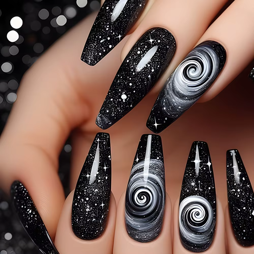 24 pièces/ensemble faux ongles mi-longs carrés ballet ongles conseils paillettes ciel étoilé lune ét