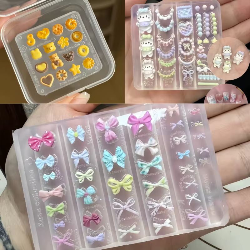 Ensemble de 3 pièces en Silicone pour Nail Art, chat mignon, crème, ours, Cookie, nœud papillon, 3D,