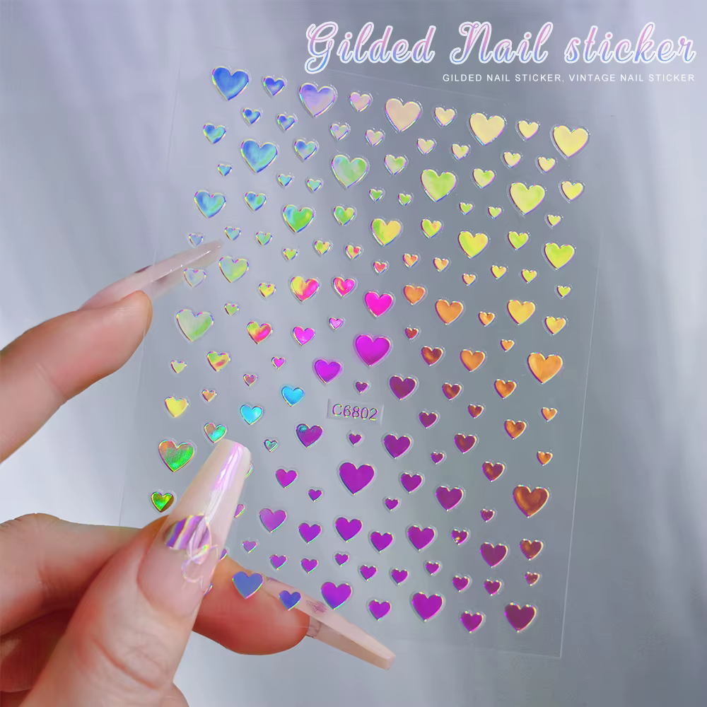 4/6 feuilles/Kit holographique arc-en-ciel amour coeur autocollant pour ongles 3D Laser coeur autoco