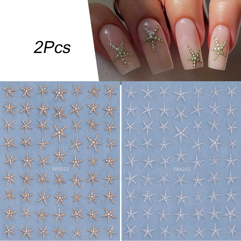 2 autocollants pour ongles en forme d'étoile de mer, dorés et argentés, avec paillettes, pour manucu