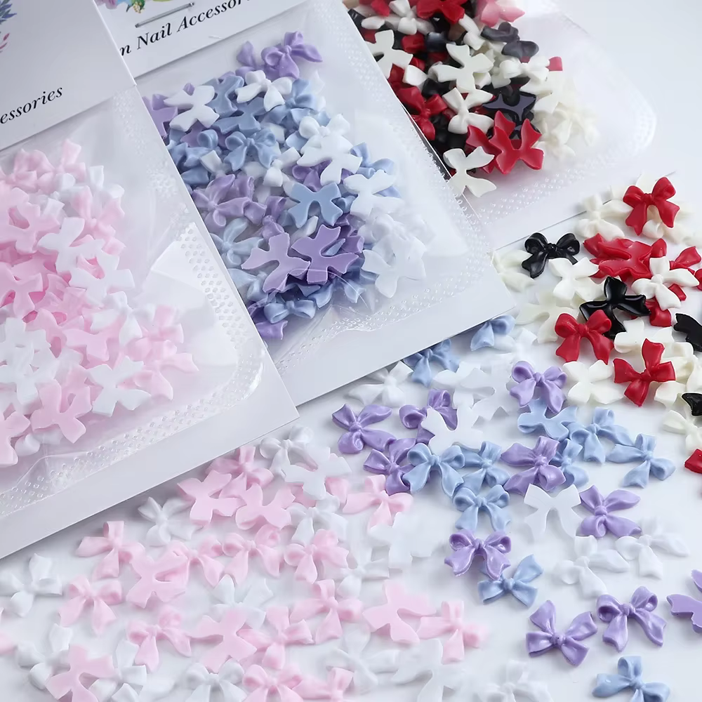 Breloques pour ongles avec nœud en ruban rose et blanc, pièces rouges coréennes, décoration de crava