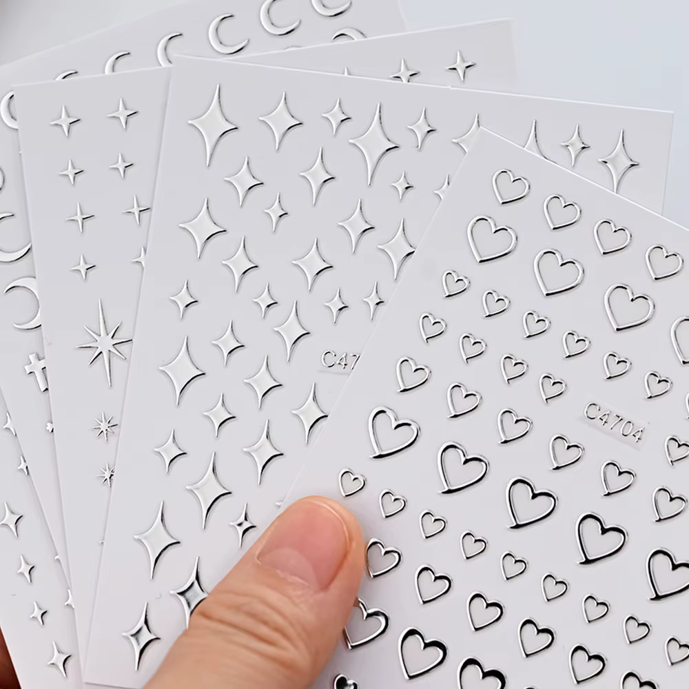 Autocollants pour ongles en métal argenté, 6 feuilles, étoiles métalliques 3D, autocollants pour Nai