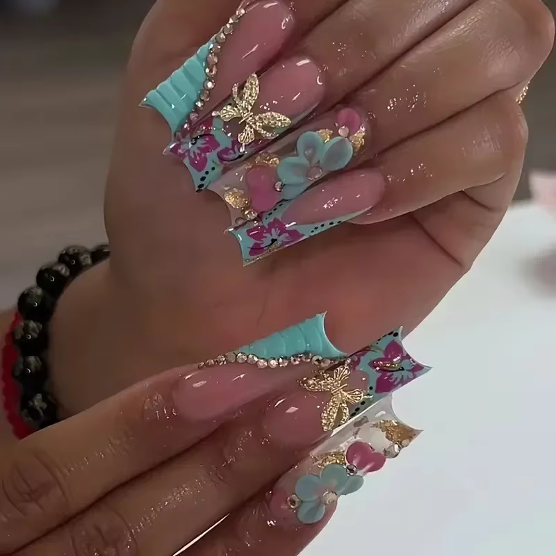 Faux ongles français verts avec diamant, papillon doré, élégants, artificiels en acrylique, longs et