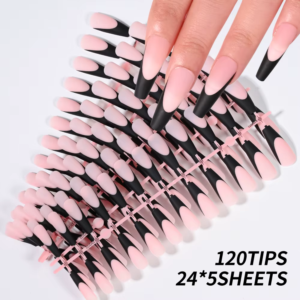 Faux-ongles en Gel français noir, 120 pièces, longs cercueil mats, à pression, 12 tailles, pré-durab