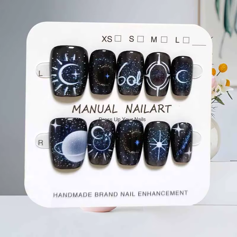 10 pièces 【Happy Planet 】 Cool Fantasy noir dégradé manucure presse sur les ongles Ins tendance déta