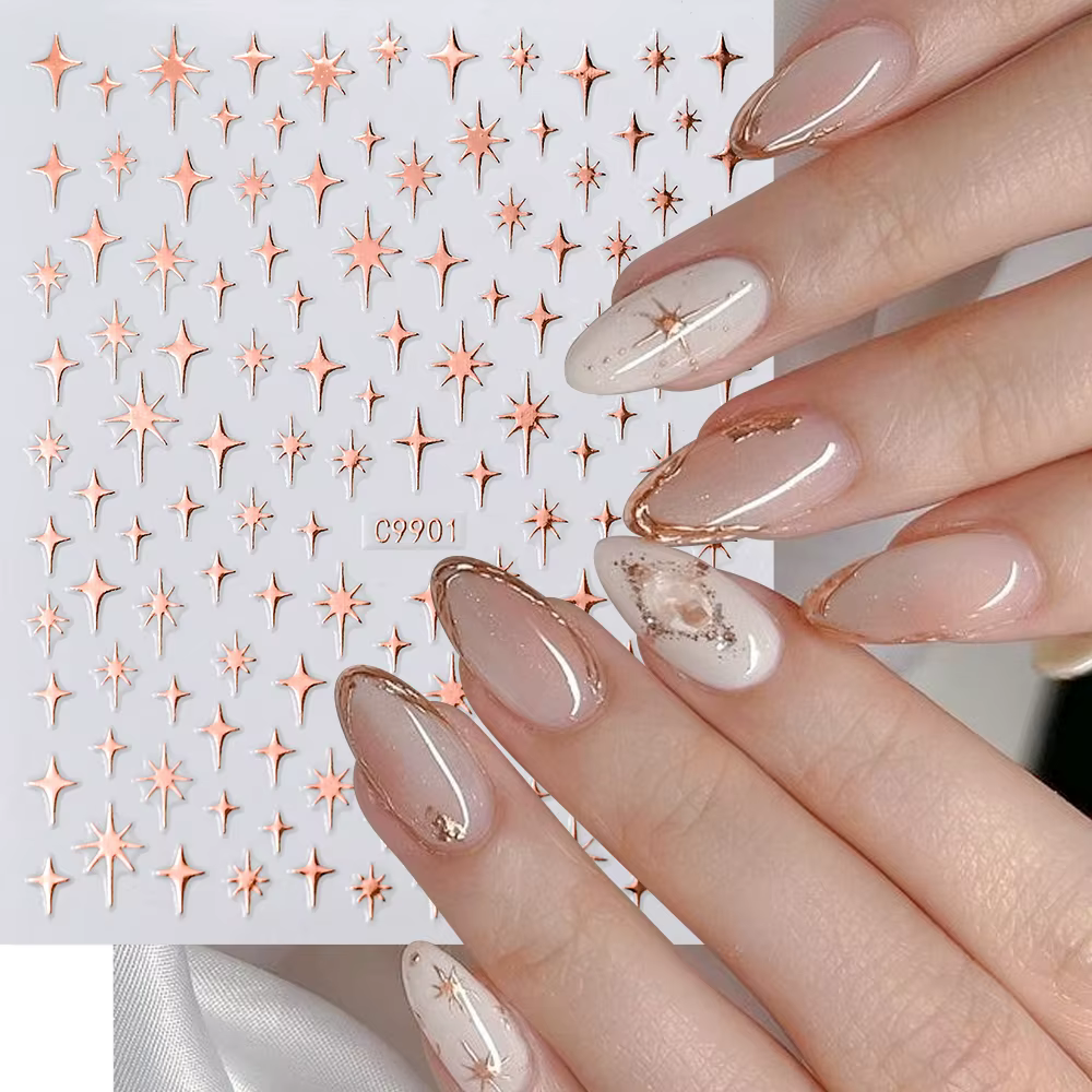 Autocollants pour ongles étoiles Laser 3D, 6 couleurs, miroir métallique doré argenté, décalcomanies