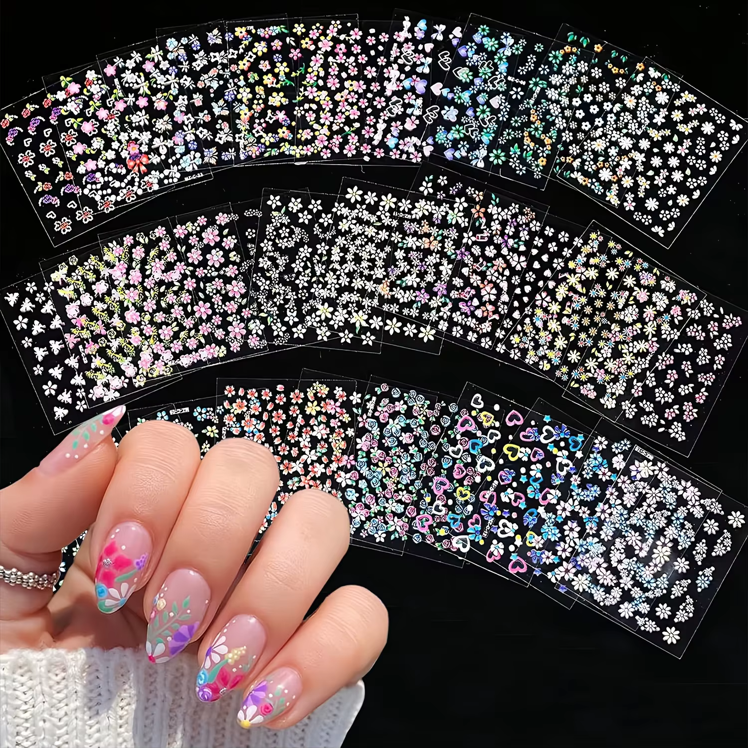 30 feuilles d'autocollants pour ongles à motifs floraux, colorés, auto-adhésifs, pour nail art print