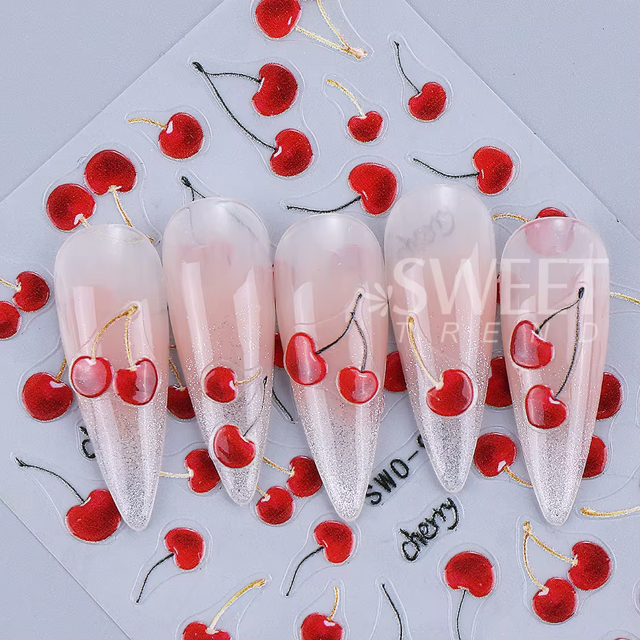 Autocollants pour ongles cerise rouge, 2 pièces, dessin animé fruits cerises tropicaux, Design d'été