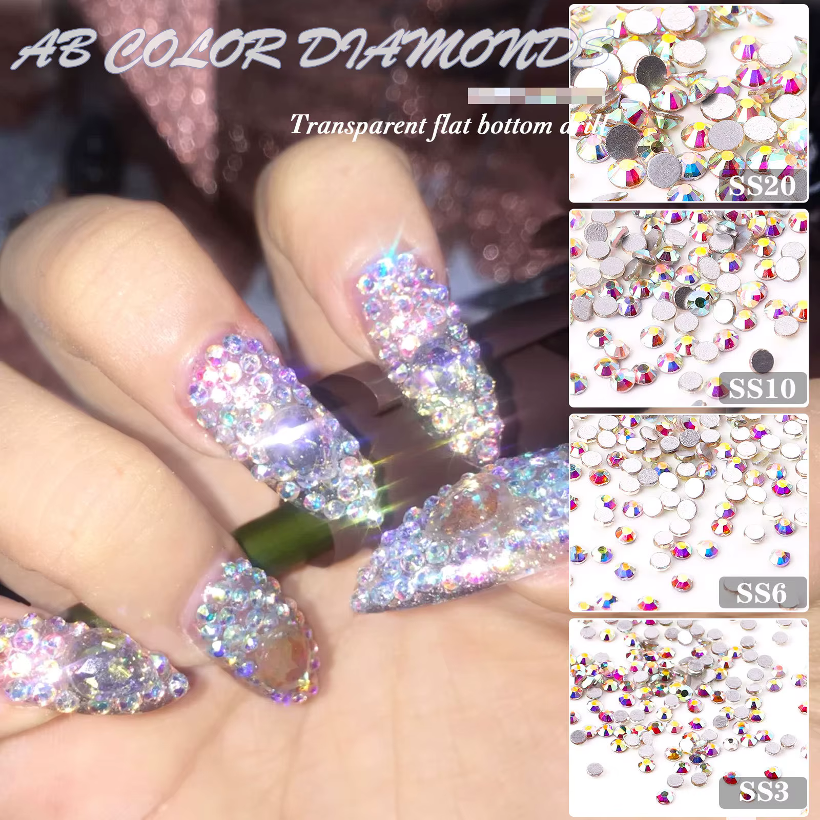 Strass pour ongles blancs clairs à fond plat, cristaux AB, décorations 3D pour Nail Art, 8 tailles,