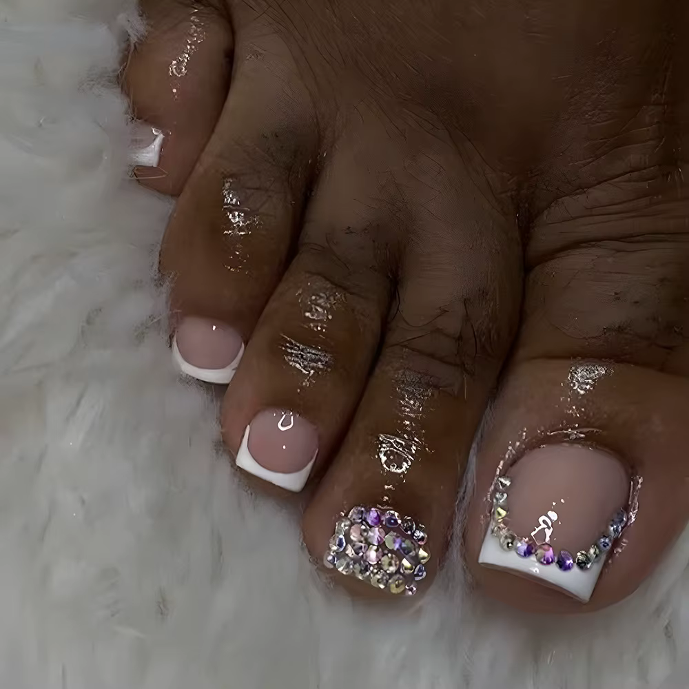 Faux ongles français pour orteils, avec cœur, Design strass, bord blanc, presse d'été sur les ongles