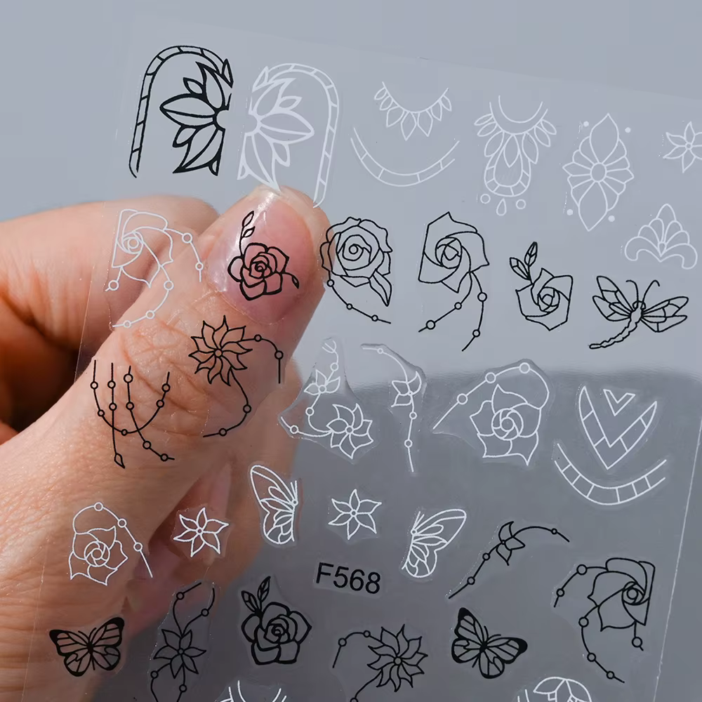 Autocollants 3D fleurs en dentelle noire et blanche pour Nail Art, étiquette auto-adhésive à ligne g