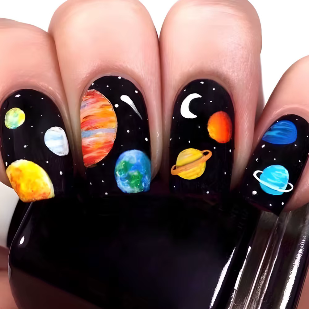Faux ongles carrés longs moyens pour femmes, 24 pièces/ensemble, nickel é ciel étoilé, noir, bleu, v